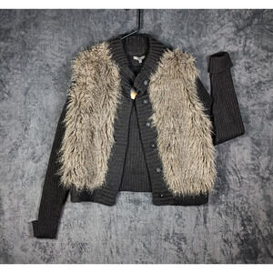 Premise Cardigan Women XL Gray Shaggy Faux Fur Knit Sweater Layered Statement